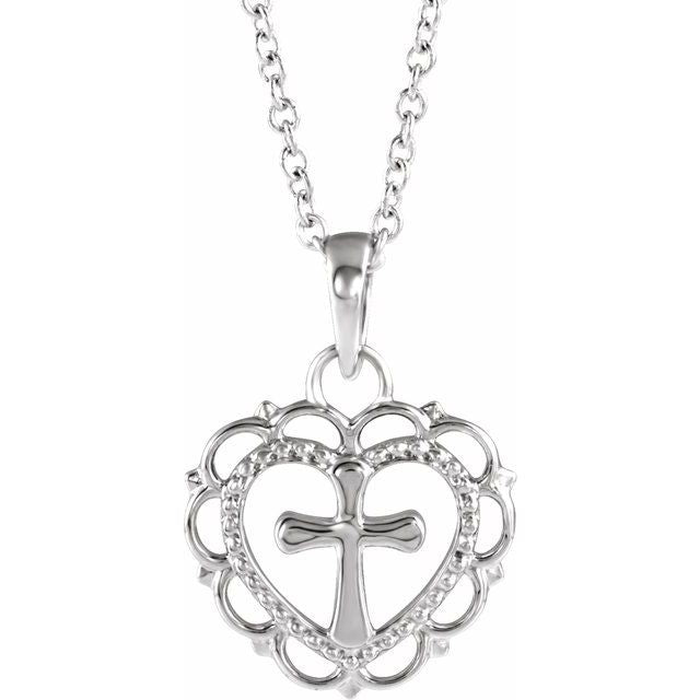 Sterling Silver Youth Heart With Cross 16-18' Necklace