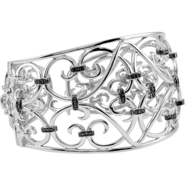 Black/White Rhodium-Plated Sterling Silver 1/3 CTW Natural Black Diamond Cuff 8' Bracelet