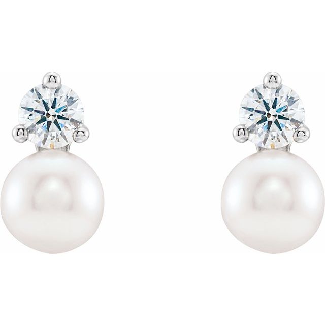 14k White Cultured White Freshwater Pearl & 1/2 Ctw Natural Diamond Earrings