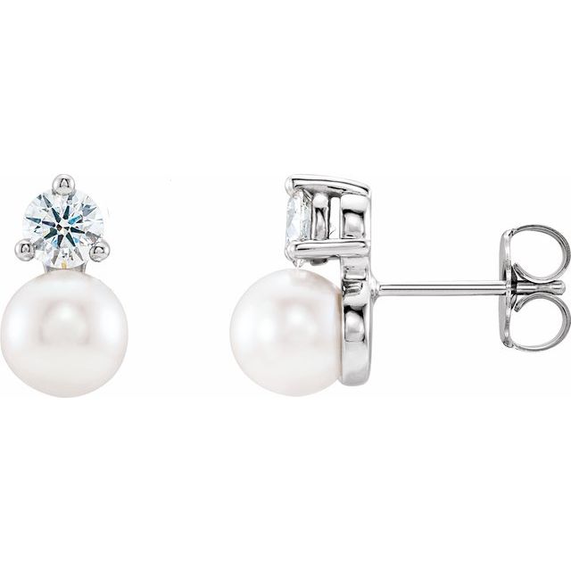 14k White Cultured White Freshwater Pearl & 1/2 Ctw Natural Diamond Earrings