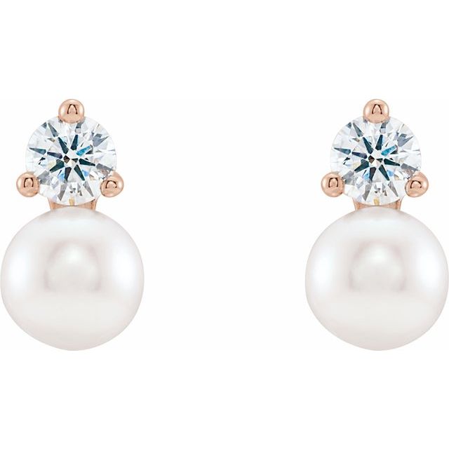 14k Rose Cultured White Freshwater Pearl & 1/2 Ctw Natural Diamond Earrings