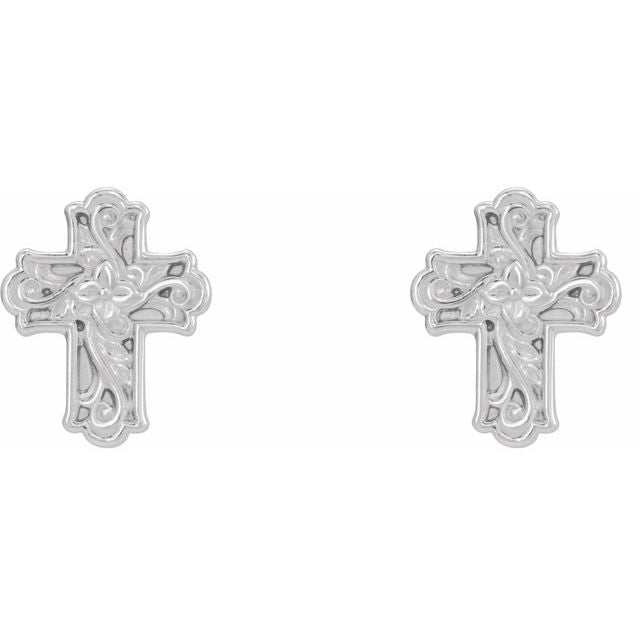 14k White Floral Cross Earrings