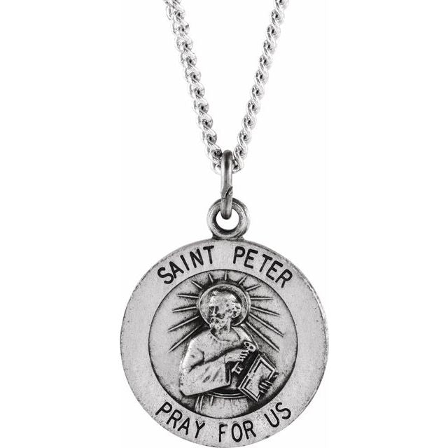 Sterling Silver 15 mm Round St. Peter 18' Necklace