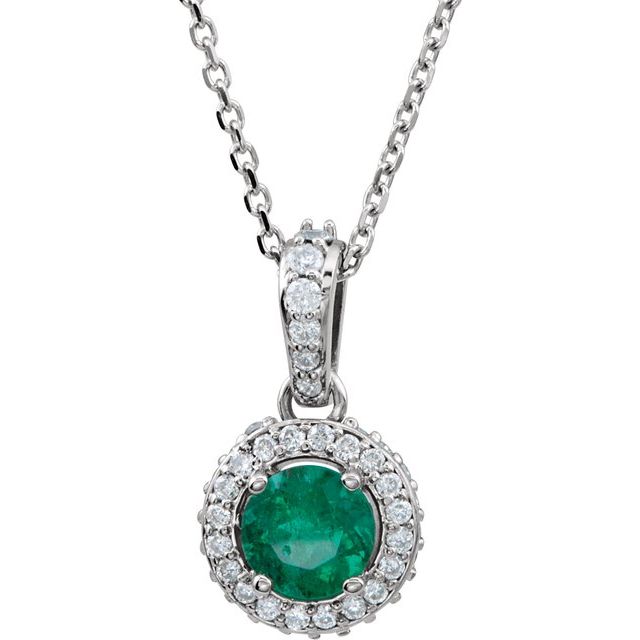 14K White Natural Emerald & 1/5 CTW Natural Diamond 18' Necklace
