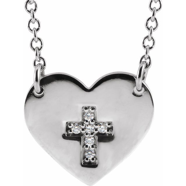 Sterling Silver .02 Ctw Natural Diamond Heart & Cross 16-18' Necklace