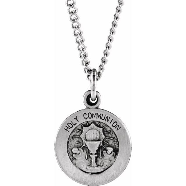 Sterling Silver 12 mm Round Holy Communion Medal with 18' Necklace