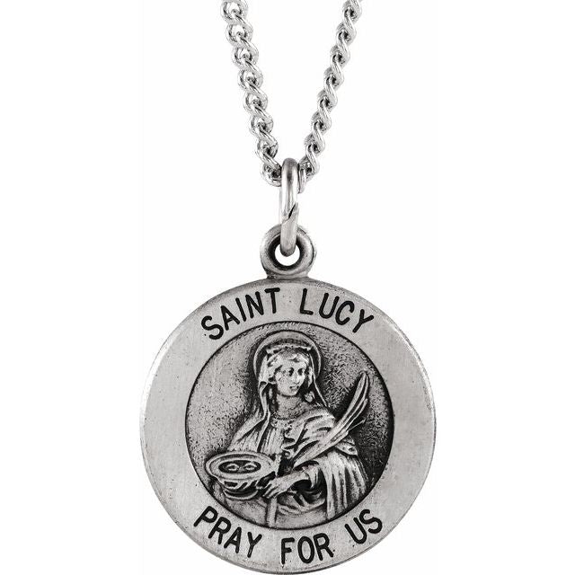 Sterling Silver 15 mm Round St. Lucy Medal 18' Necklace