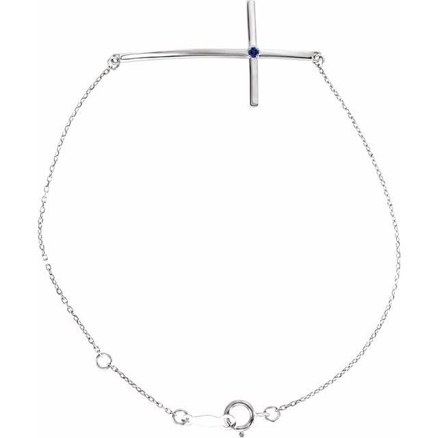 Sterling Silver Imitation Blue Sapphire Sideways Cross 7-8' Bracelet