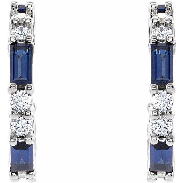 14k White Lab-grown Blue Sapphire & 1/2 Ctw Natural Diamond 17.2 Mm Hoop Earrings