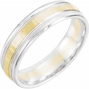 14k White/yellow/white 6 Mm Flat Stepped Edge Band With Milgrain & Hammer Finish Size 12