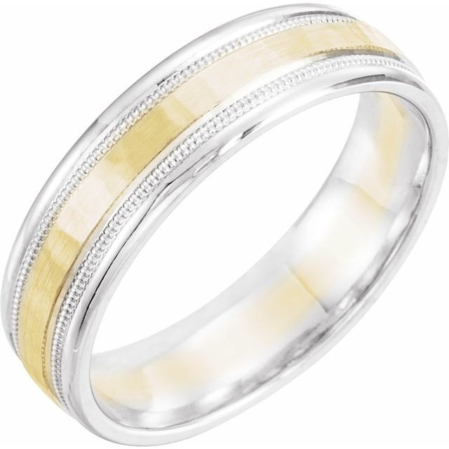 14k White/yellow/white 6 Mm Flat Stepped Edge Band With Milgrain & Hammer Finish Size 12
