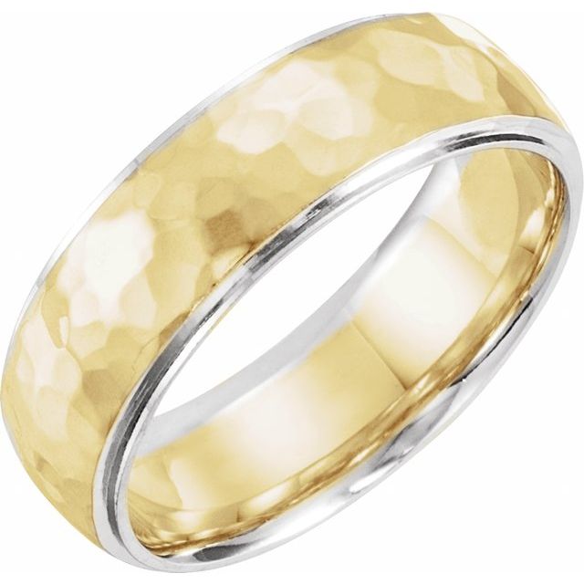 14k White/yellow/white 6 Mm Half Round Stepped-edge Band With Hammer Finish Size 10