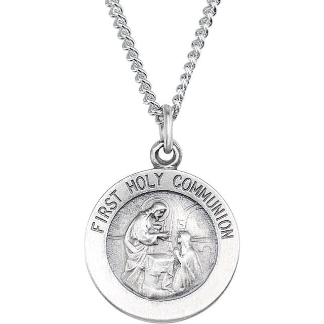 Sterling Silver 15 mm First Communion Medal 18' Necklace