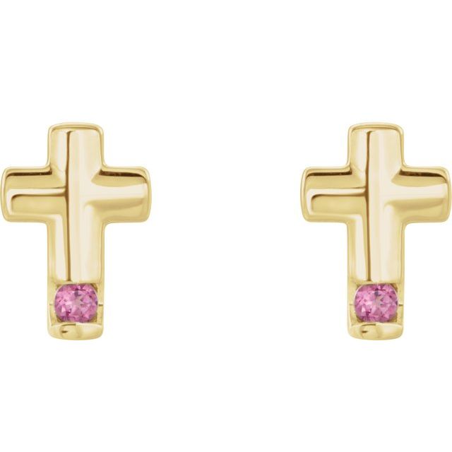 14K Yellow Natural Pink Tourmaline Cross Earrings