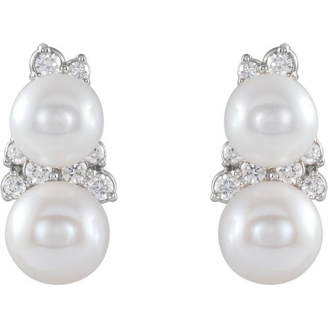 14K White Cultured White Freshwater Pearl & 1/10 CTW Natural Diamond Ear Climbers