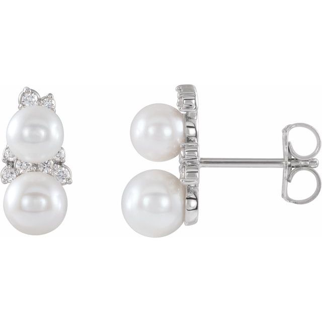 14K White Cultured White Freshwater Pearl & 1/10 CTW Natural Diamond Ear Climbers