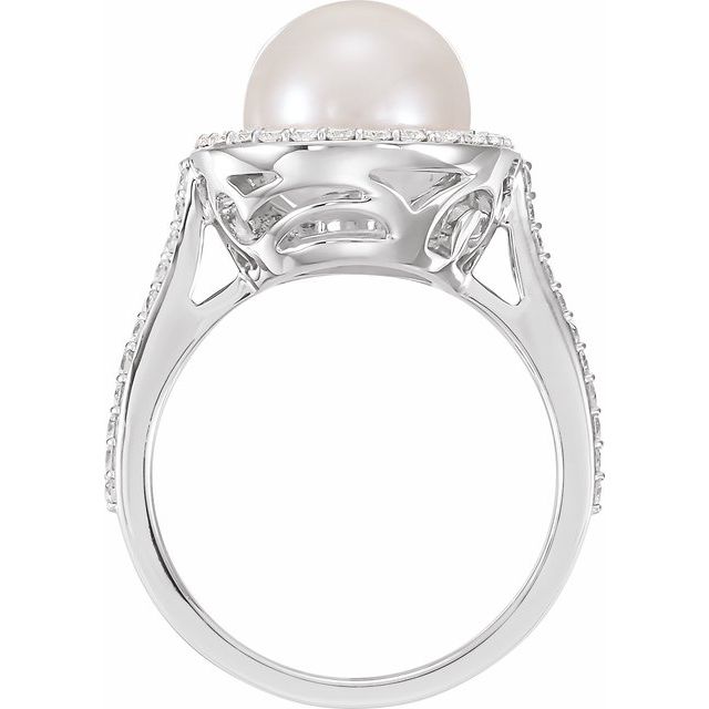 14K White Cultured White Freshwater Pearl & 3/8 CTW Natural Diamond Ring