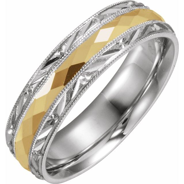 14K White/Yellow 6 mm Design-Engraved Band with Milgrain Size 11