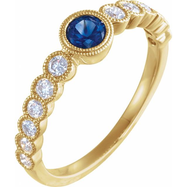 14k Yellow Natural Blue Sapphire & 1/2 Ctw Natural Diamond Ring