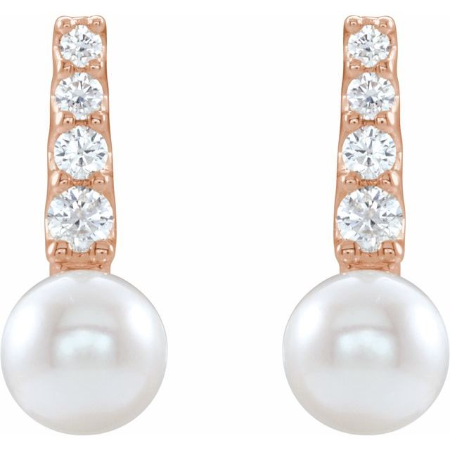 14K Rose Cultured White Freshwater Pearl & 1/6 CTW Natural Diamond Earrings