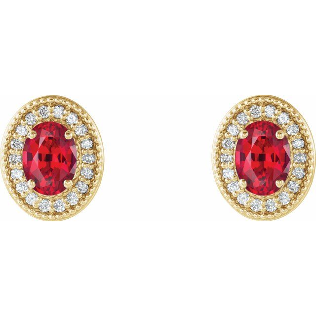 14K Yellow 7x5 mm Natural Ruby 1/6 CTW Natural Diamond Halo-Style Earrings