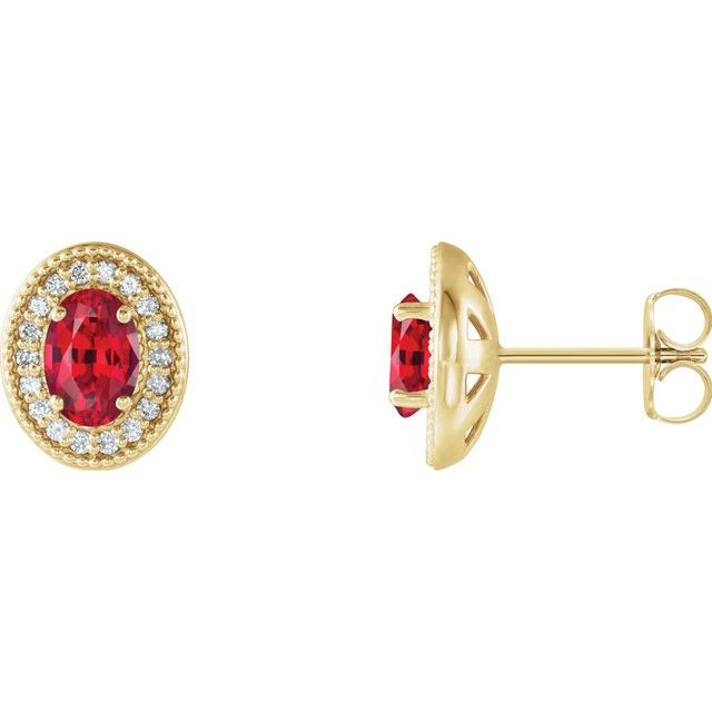 14K Yellow 7x5 mm Natural Ruby 1/6 CTW Natural Diamond Halo-Style Earrings