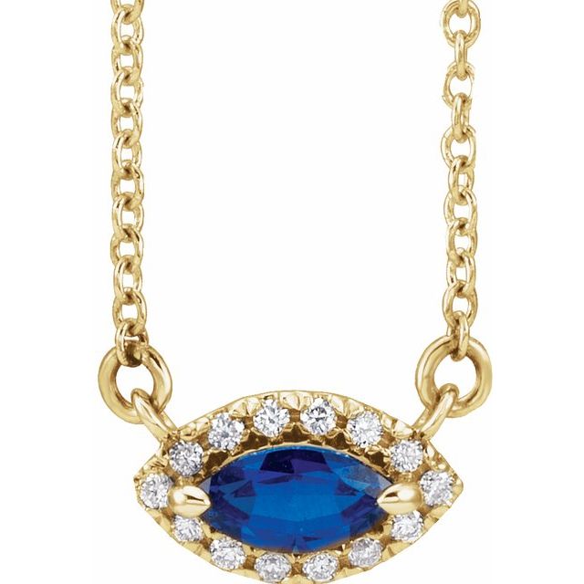 14K Yellow Lab-Grown Blue Sapphire & .05 CTW Natural Diamond Halo-Style 18' Necklace