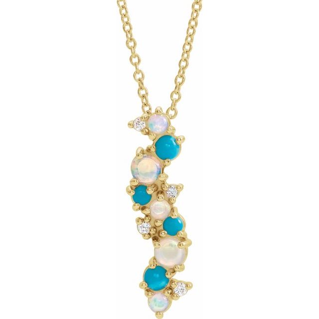 14K Yellow Natural Ethiopian Opal Turquoise & .03 CTW Natural Diamond 16-18' Necklace