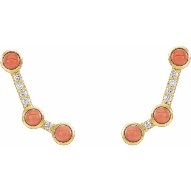 14K Yellow Natural Pink Coral & .08 CTW Natural Diamond Ear Climbers