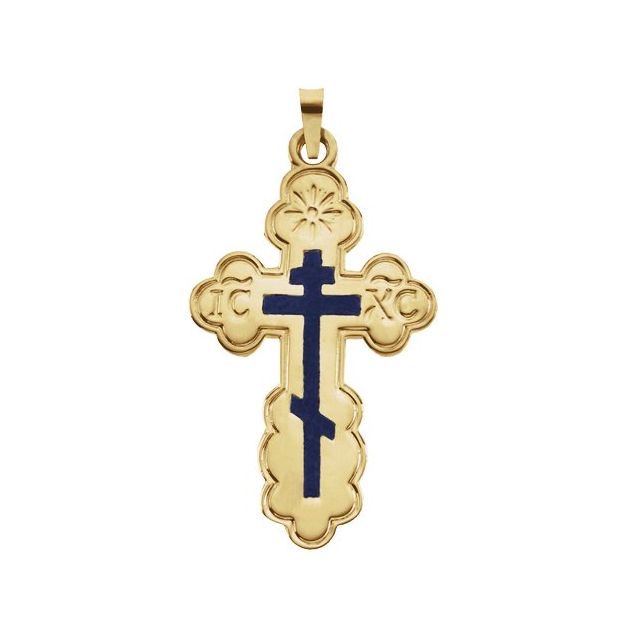 14k Yellow 32x21 Mm Blue Enamel Orthodox Cross Pendant