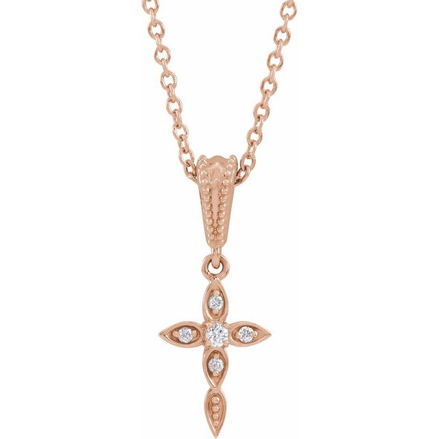 14K Rose .03 CTW Natural Diamond Petite Vintage-Inspired 16-18' Cross Necklace