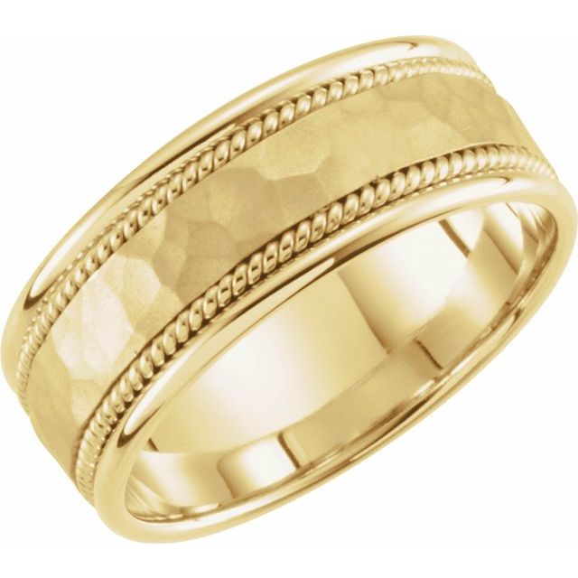 14K Yellow 8 mm Flat Comfort-Fit Rope Band with Hammer Finish Size 10