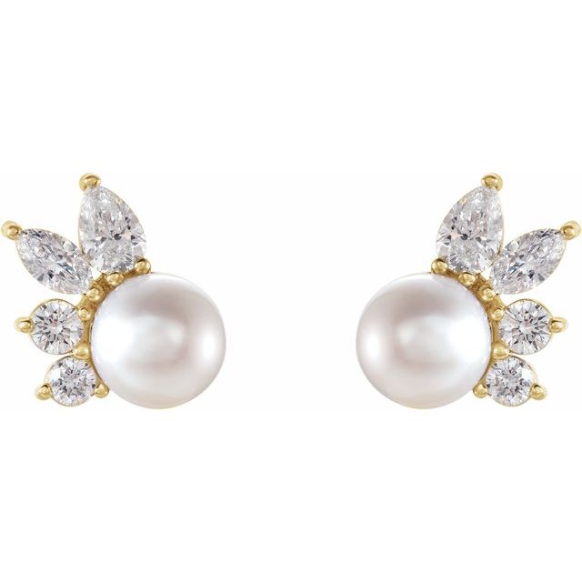 14K Yellow Cultured White Akoya Pearl & 1/2 CTW Natural Diamond Earrings