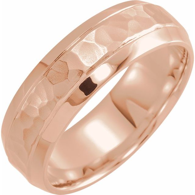 14K Rose 7 mm Beveled-Edge Band with Hammered Texture Size 9