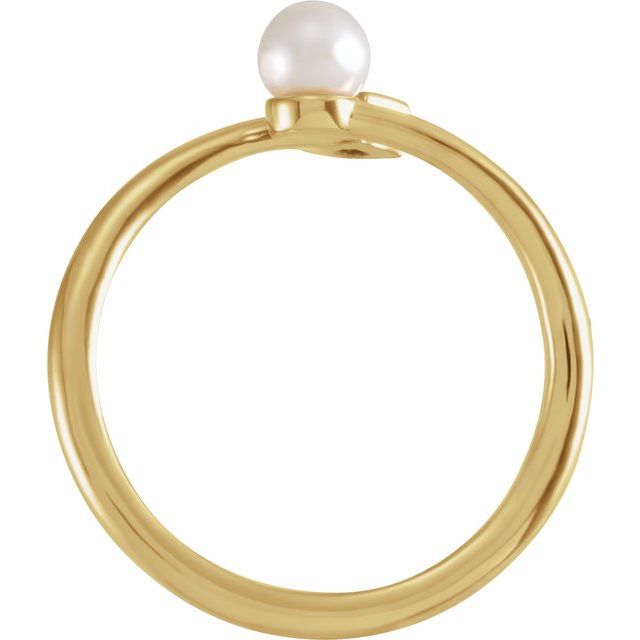 14k Yellow Cultured White Akoya Pearl  & 1/10 Ct Natural Diamond Ring