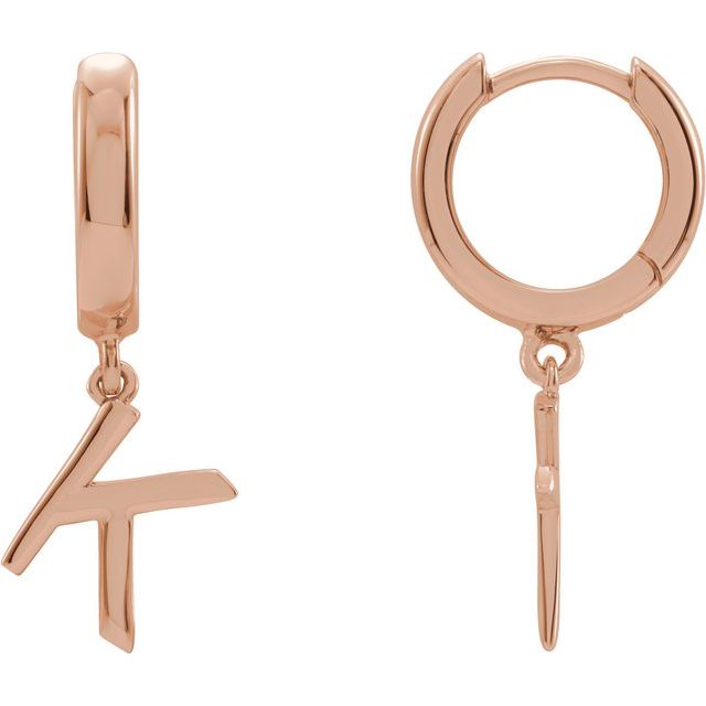 14K Rose Initial K Hinged Huggie Earring
