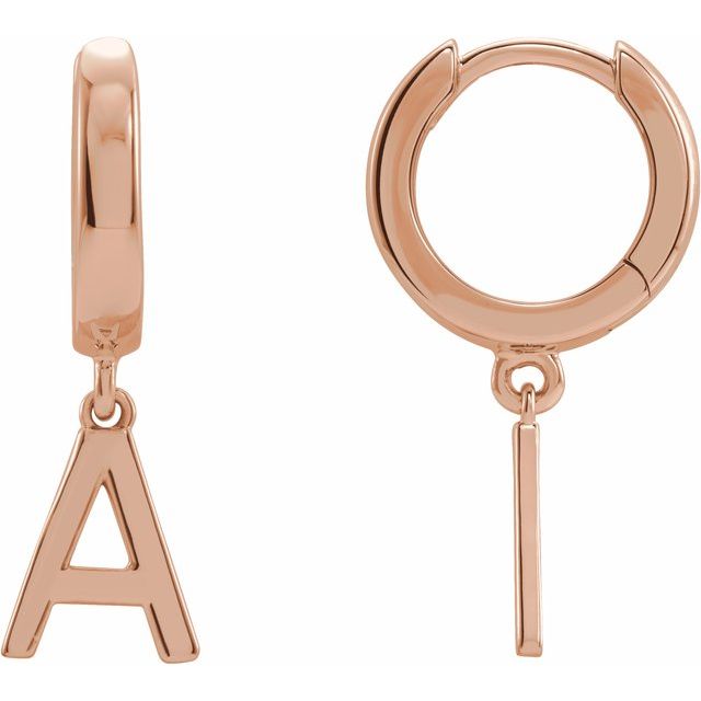 14K Rose Initial A Hinged Huggie Earring