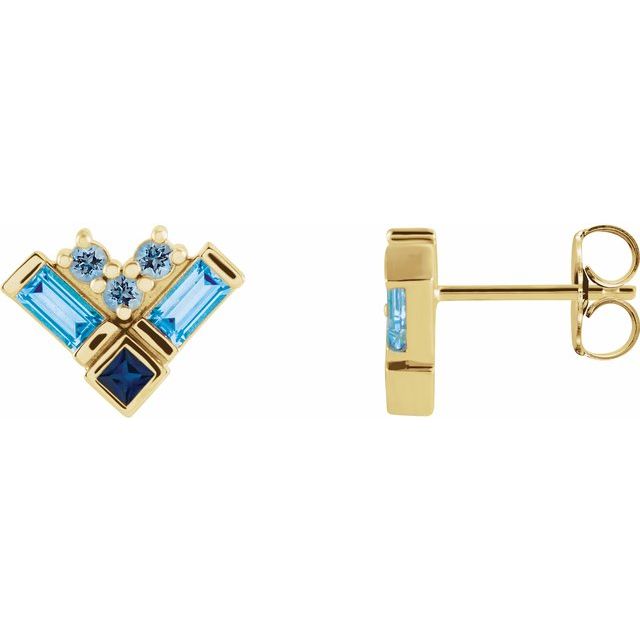 14K Yellow Natural Blue Multi-Gemstone Cluster Earrings