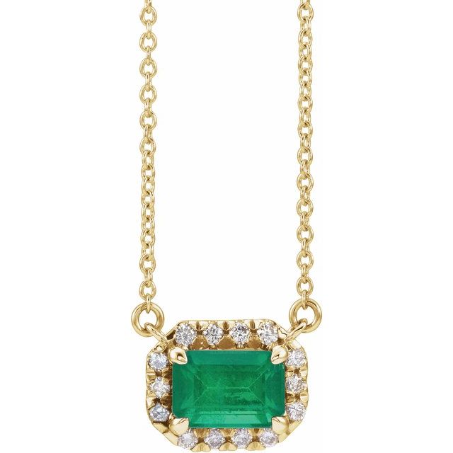 14K Yellow 6x4 mm Natural Emerald & 1/5 CTW Natural Diamond Halo-Style 18' Necklace