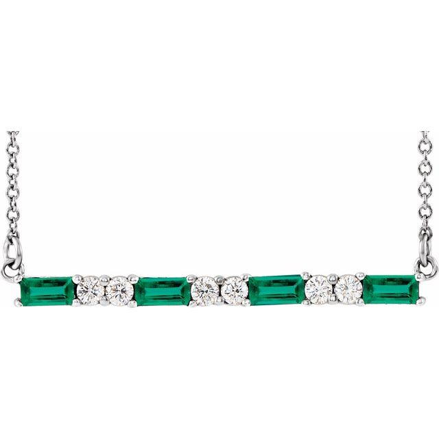 14k White Lab-grown Emerald & 1/6 Ctw Natural Diamond Bar 16-18' Necklace