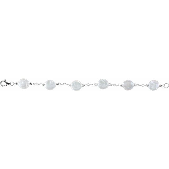 Sterling Silver 12-13 mm Cultured White Freshwater Pearl Coin 7' Bracelet
