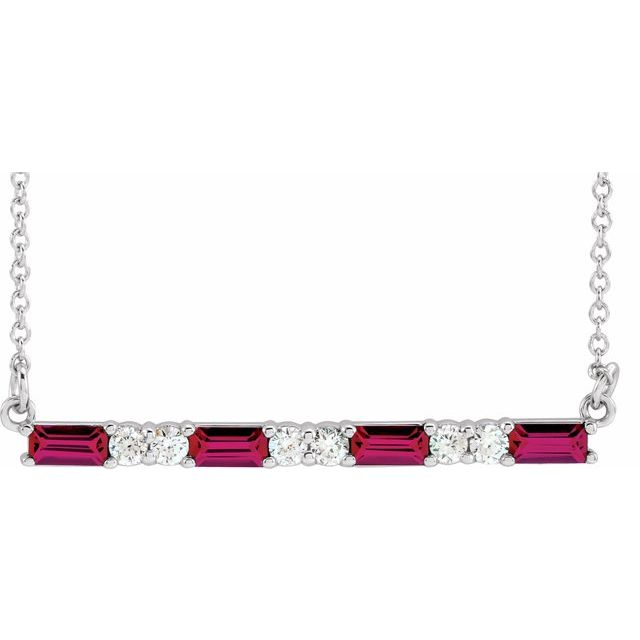 14k White Lab-grown Ruby & 1/6 Ctw Natural Diamond Bar 16-18' Necklace