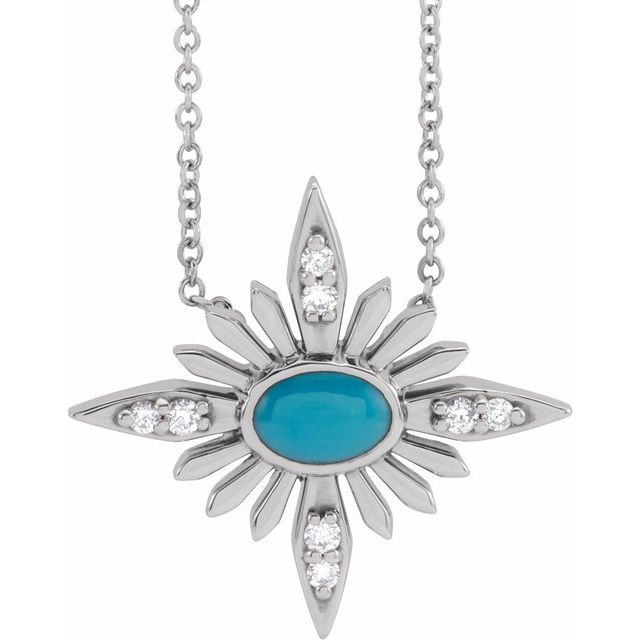 14k White Natural Turquoise & .08 Ctw Natural Diamond 16-18' Necklace