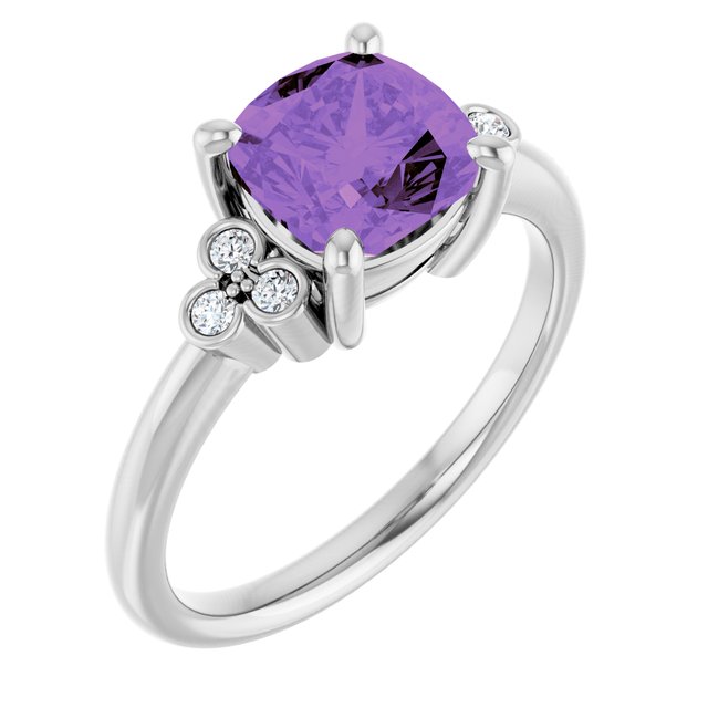 14k White Natural Amethyst & 1/6 Ctw Natural Diamond Ring