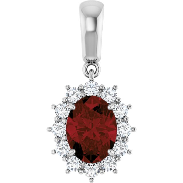 14k White Natural Mozambique Garnet & 1/3 Ctw Natural Diamond Pendant