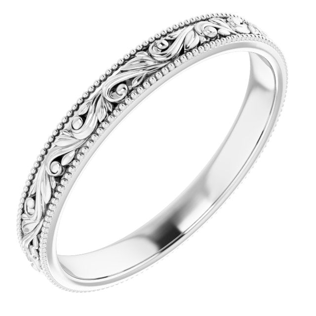 14k White 3.2 Mm Floral-inspired Band Size 10.5