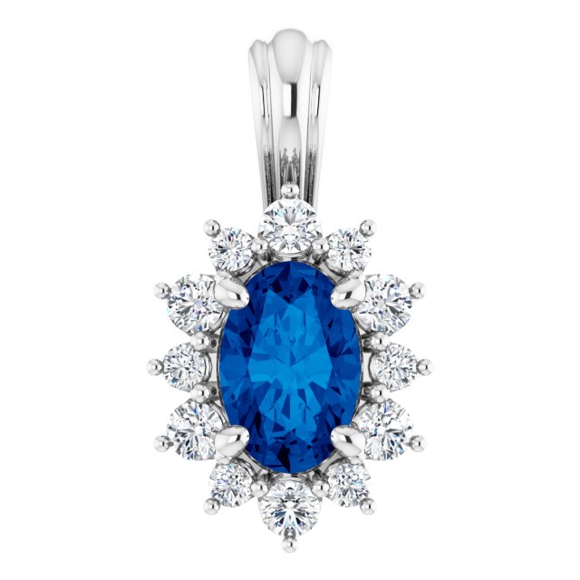 14k White Natural Blue Sapphire & 1/6 Ctw Natural Diamond Pendant