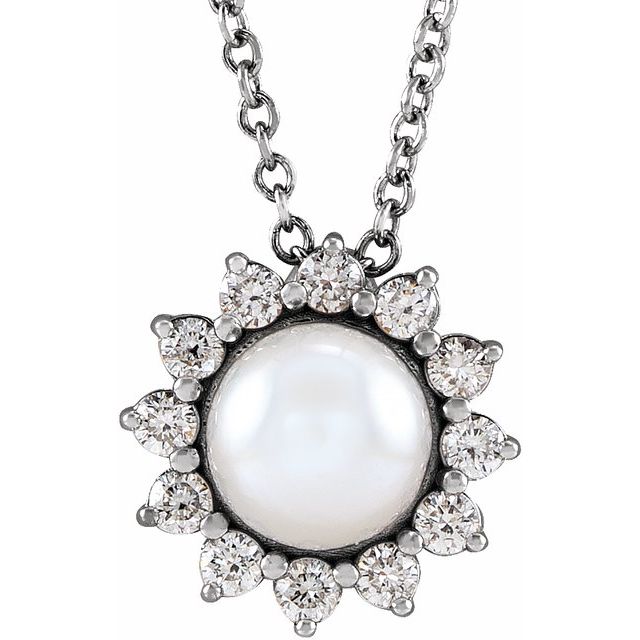 14K White  Cultured White Akoya Pearl & 1/6 CTW Natural Diamond Halo-Style 16-18' Necklace