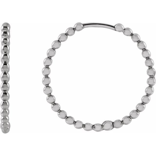 14K White Beaded 20 mm Hoop Earrings