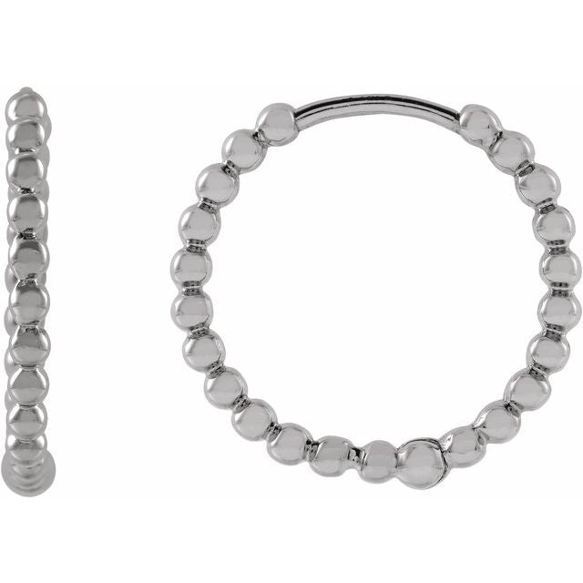 14K White Beaded 15 mm Hoop Earrings